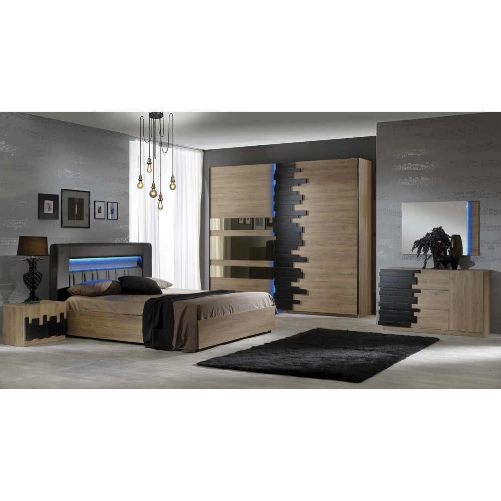 Dormitor MOZART, stejar & negru, pat 160x200 cm, dulap cu 2 usi, 2